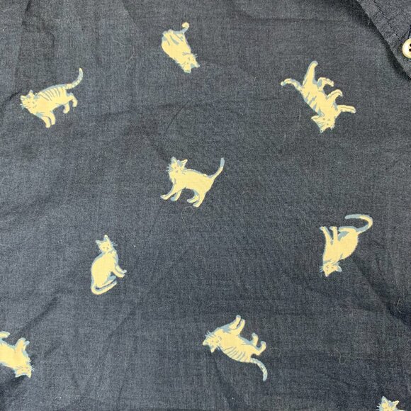 Naked & Famous Mens Shirt XL Navy Blue Hand Drawn Cats Button Up Short Sleeve - Picture 3 of 10